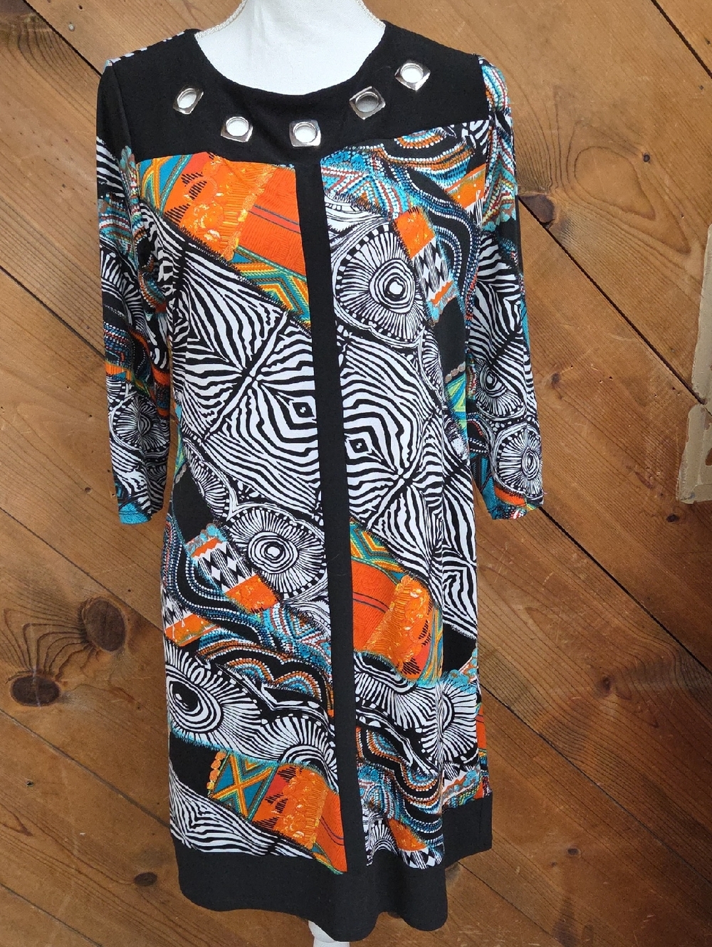Libra Sleeveless Sheath Dress 70s Style Sz L Colorful Geometric Retro Disco 70's